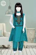 3604 - Girls 3Pcs Embroidered Stitched Linen Frock