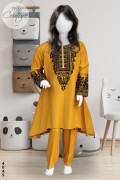 4045 - Girls 3Pcs Embroidered & Stitched Linen Frock