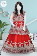 4258 - Girls 3Pcs Embroidered & Stitched Net Lehnga