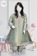 4446 - Girls 3Pcs Embroidered & Stitched Organza Frock