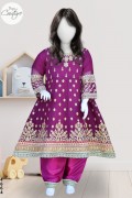 4664 - Girls 3Pcs Embroidered & Stitched Chiffon Frock