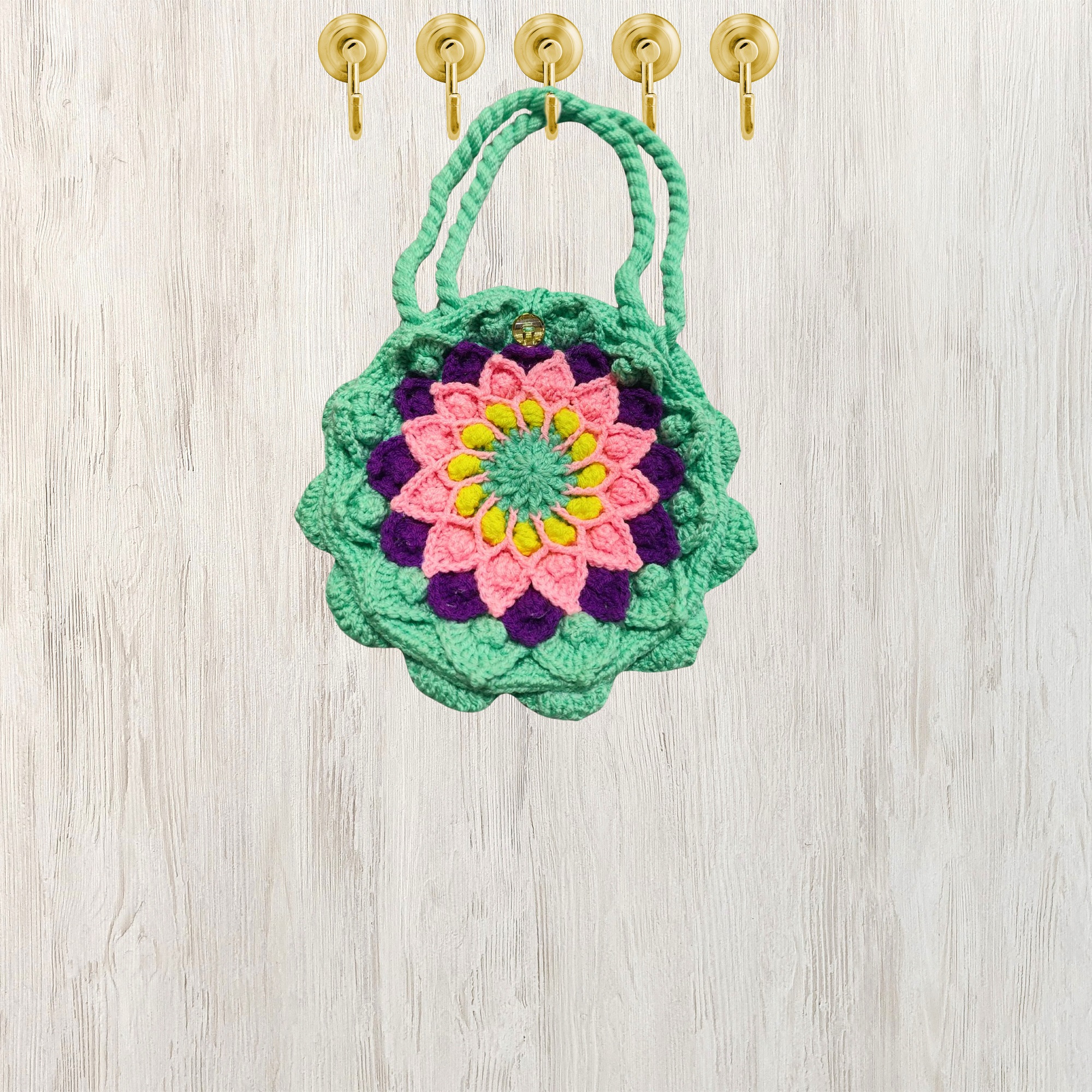 Handmade Crochet Floral Round Bag in Mint Green