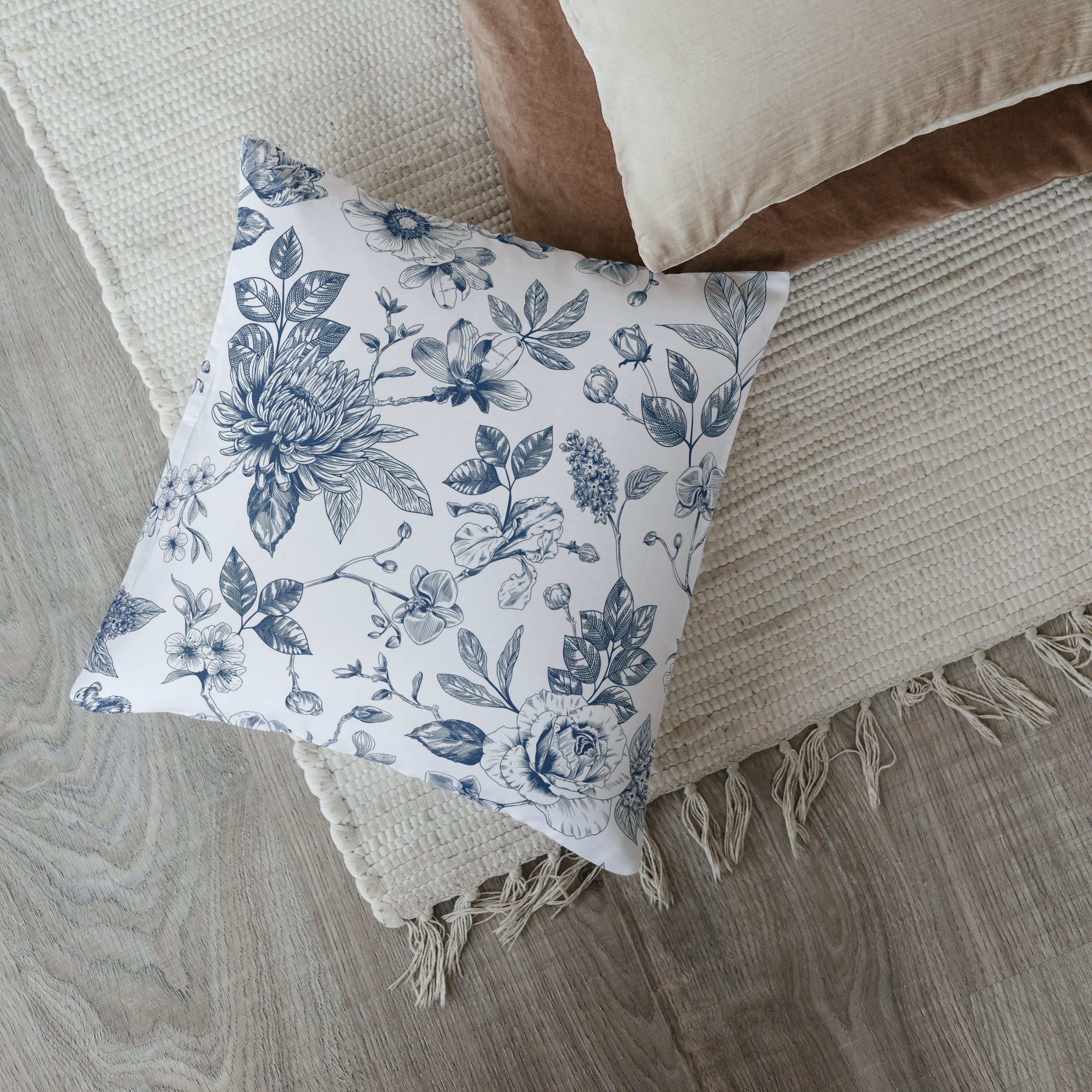 Blue Floral Pattern Decorative Cushion
