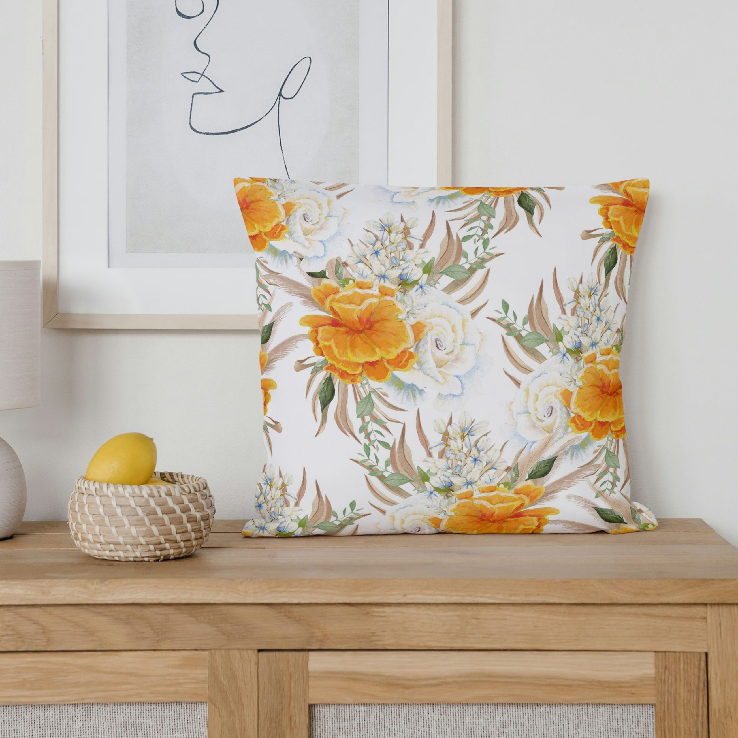 Yellow & White Floral Decorative Cushion