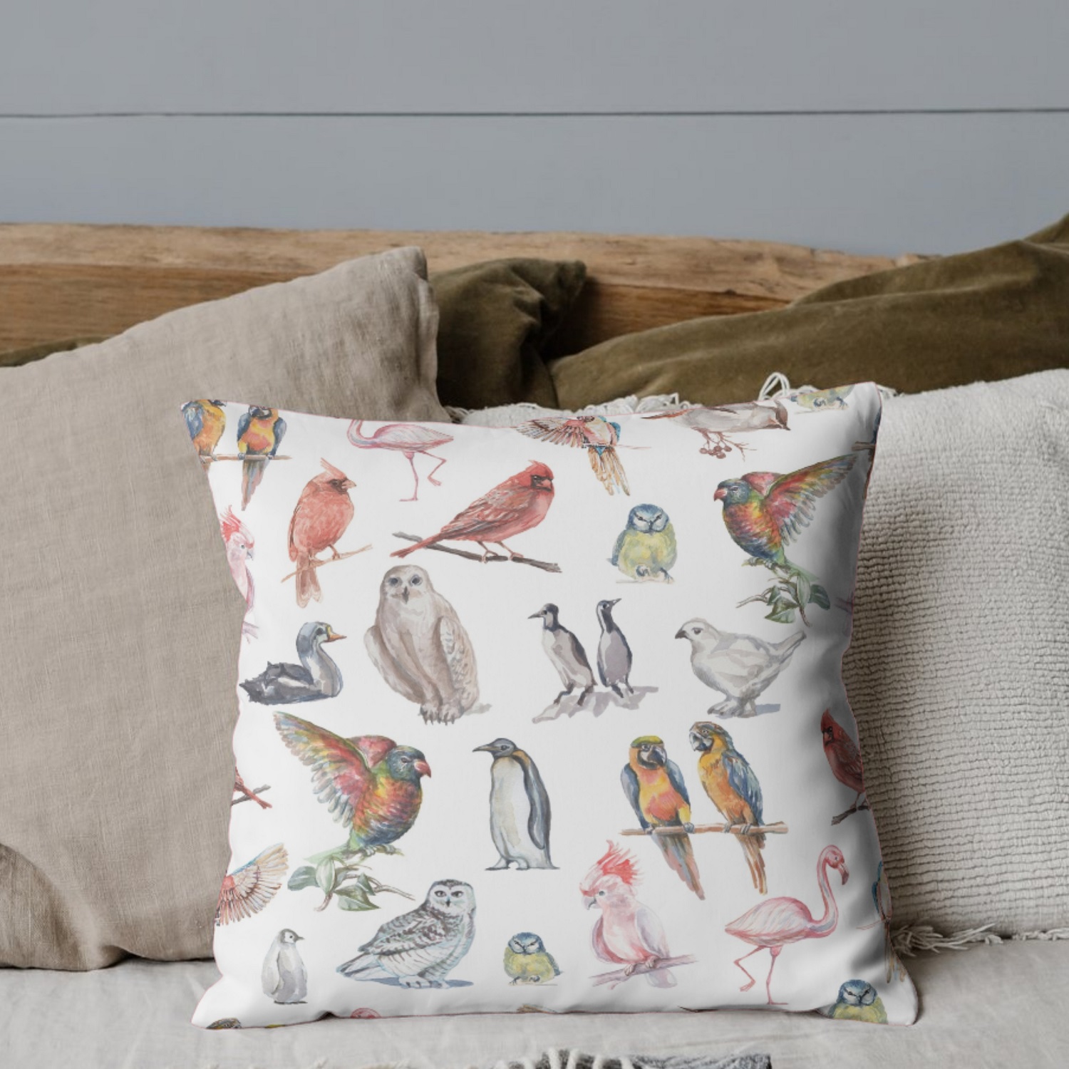 Avian Elegance: A Watercolor Bird-Themed Cushion Design
