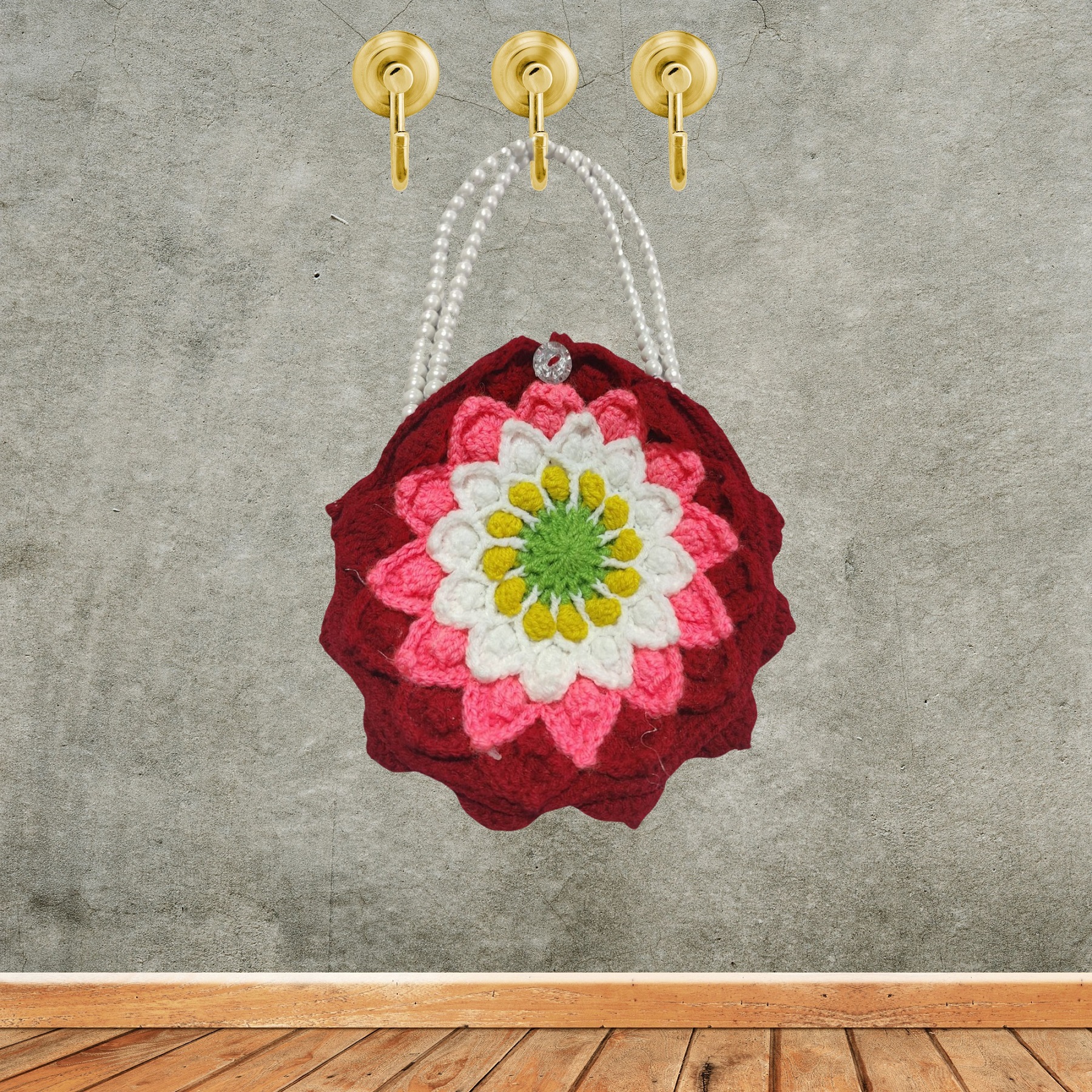 Handmade Crochet Floral Round Bag with Pearl Handles