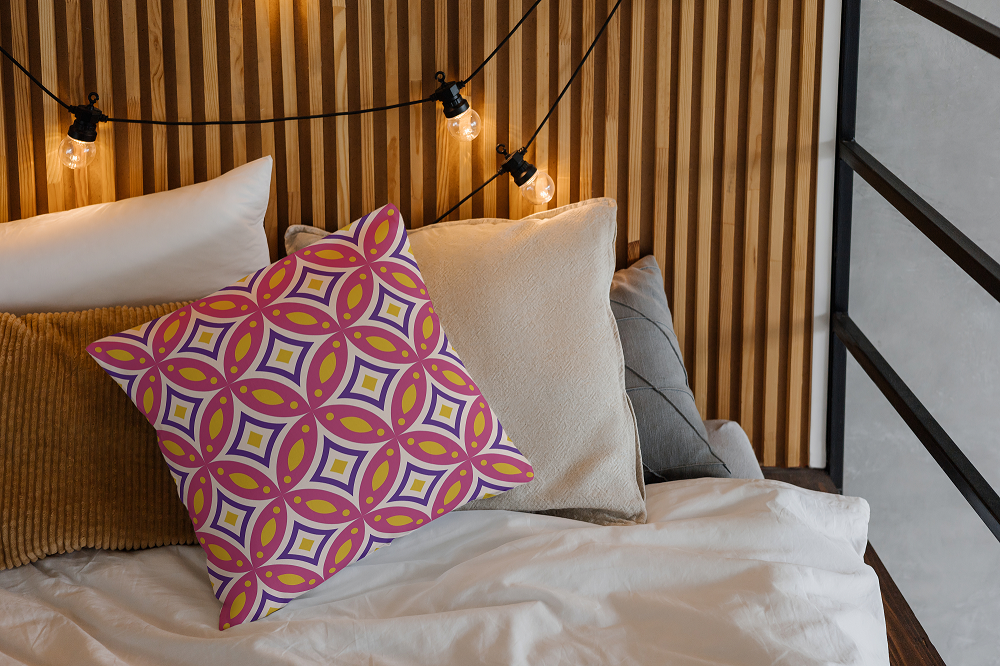Vibrant Geometric Elegance: A Bold Cushion for a Modern Bedroom