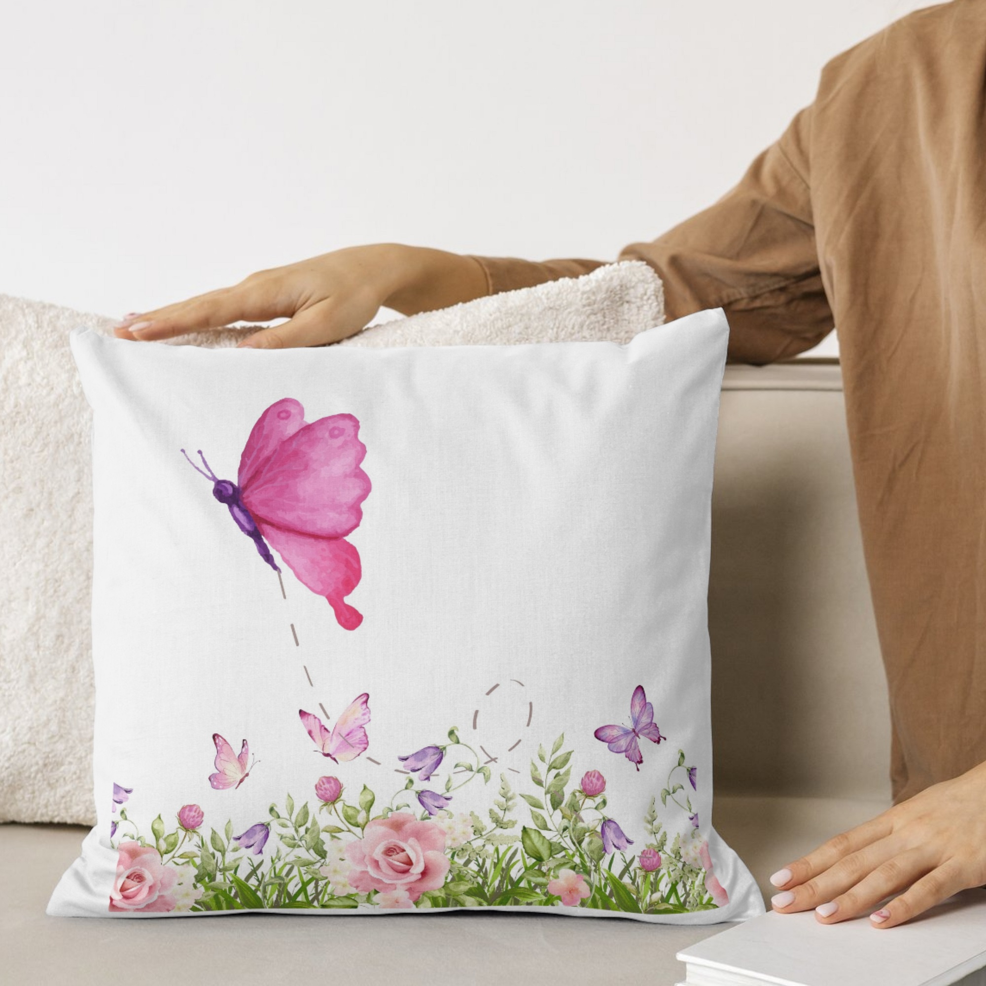 Fluttering Elegance – Butterfly & Floral Cushion