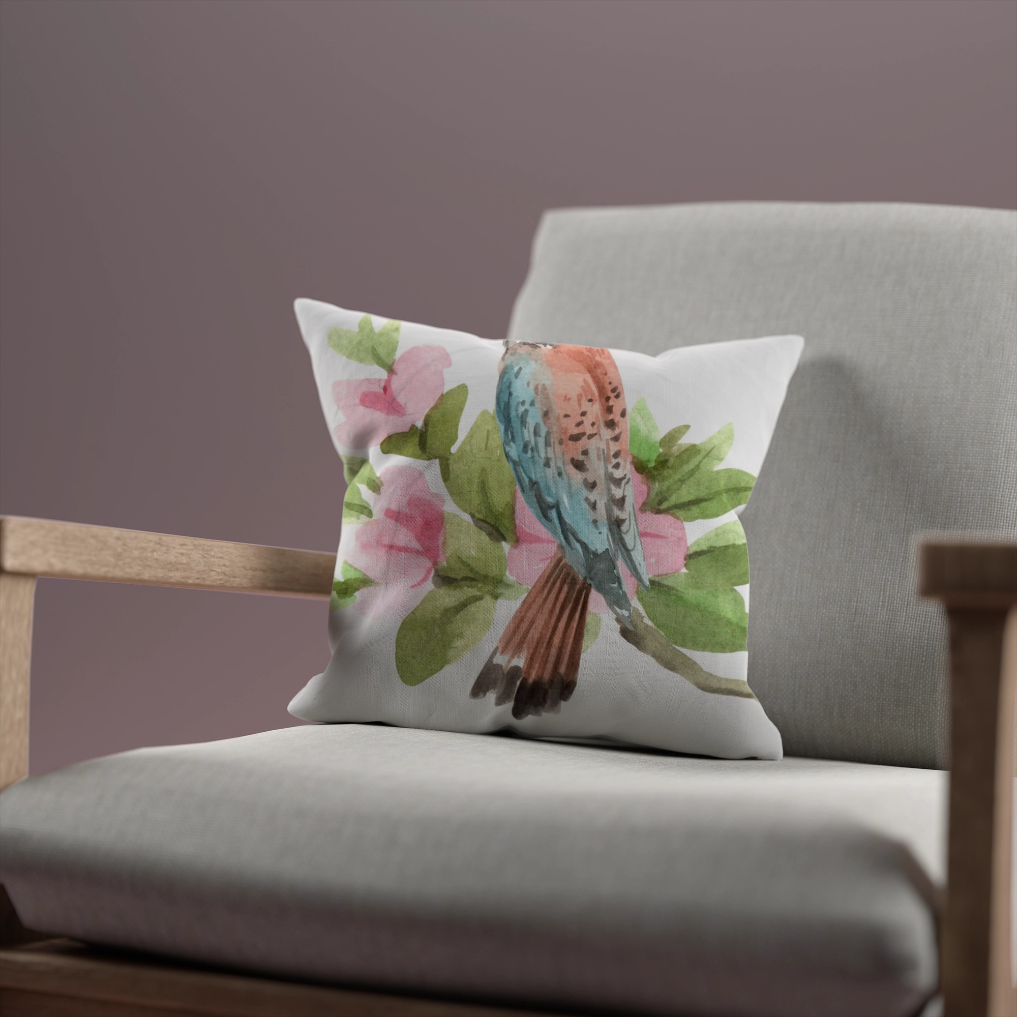 Watercolor Bird and Floral Cushion – Elegant Nature-Inspired Decor