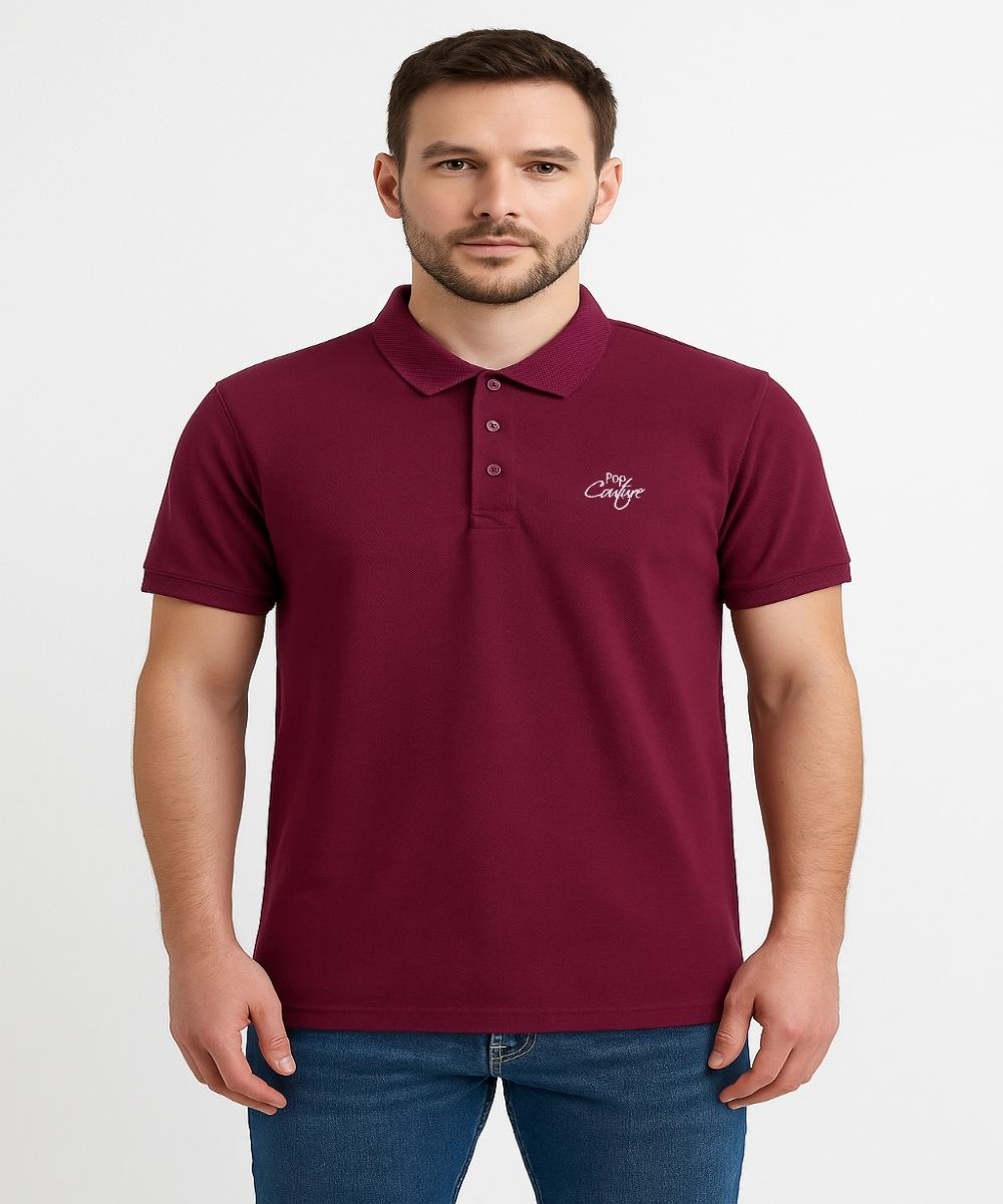 Men’s Maroon Polo Shirt with Jacquard Collar – Short Sleeves