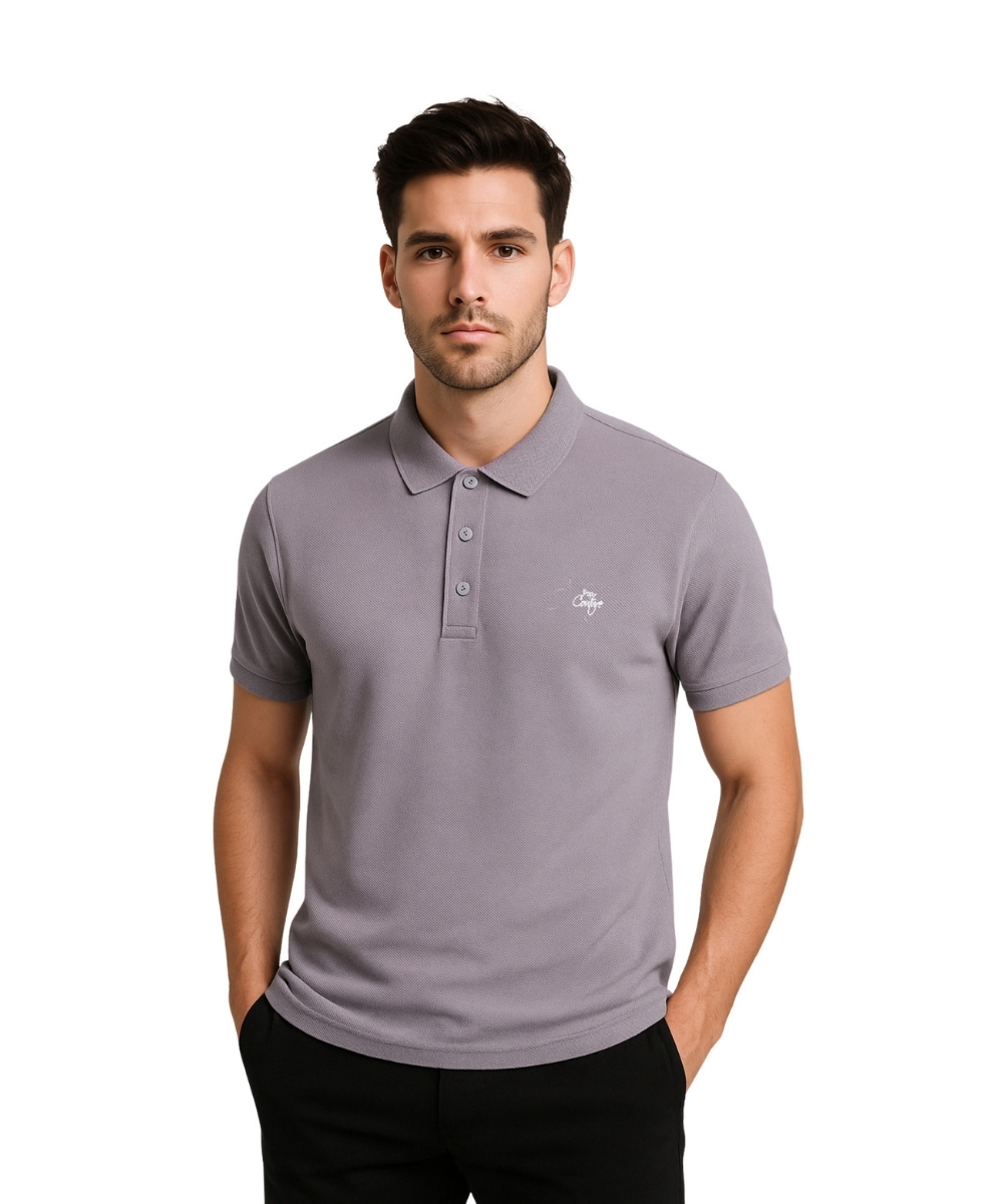 Men’s Grey Casual Polo Shirt with Jacquard Collar – Short Sleeves