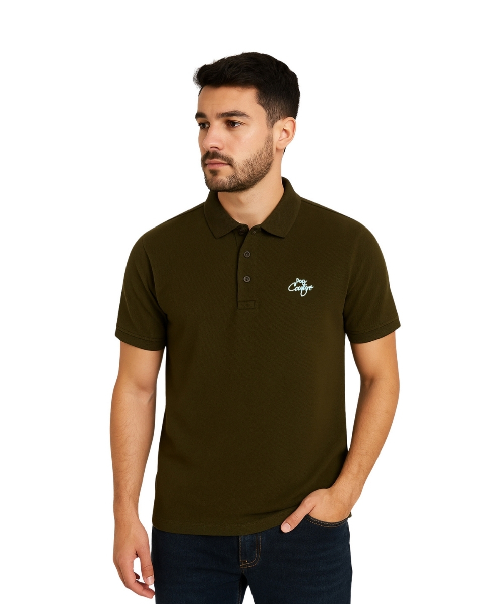 Men's Khaki Casual Polo Shirt with Jacquard Collar – Short Sleeves