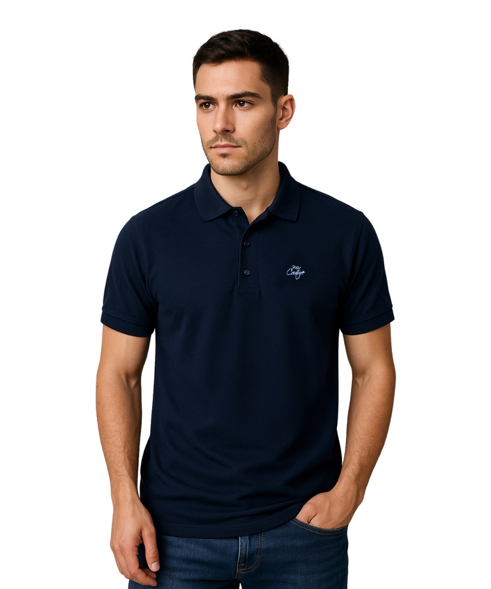Men’s Navy Casual Polo Shirt with Jacquard Collar – Short Sleeves