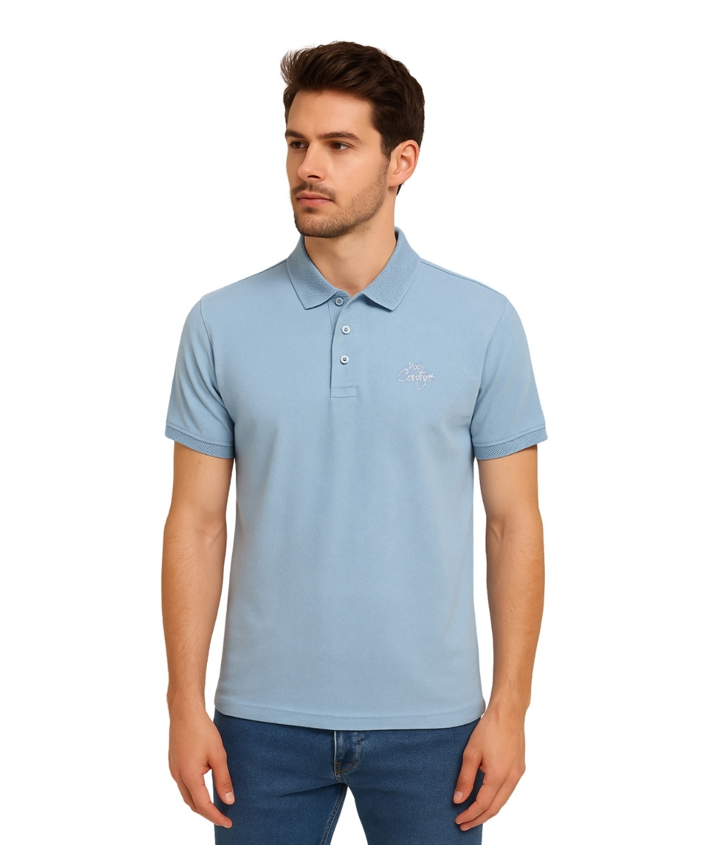 Men’s Sky Blue Casual Polo Shirt with Jacquard Collar – Short Sleeves