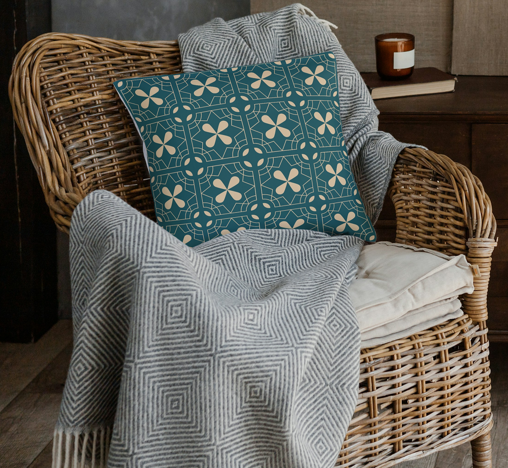 Teal Geometric Floral Cushion Retro-Inspired Throw Pillow for Modern Living