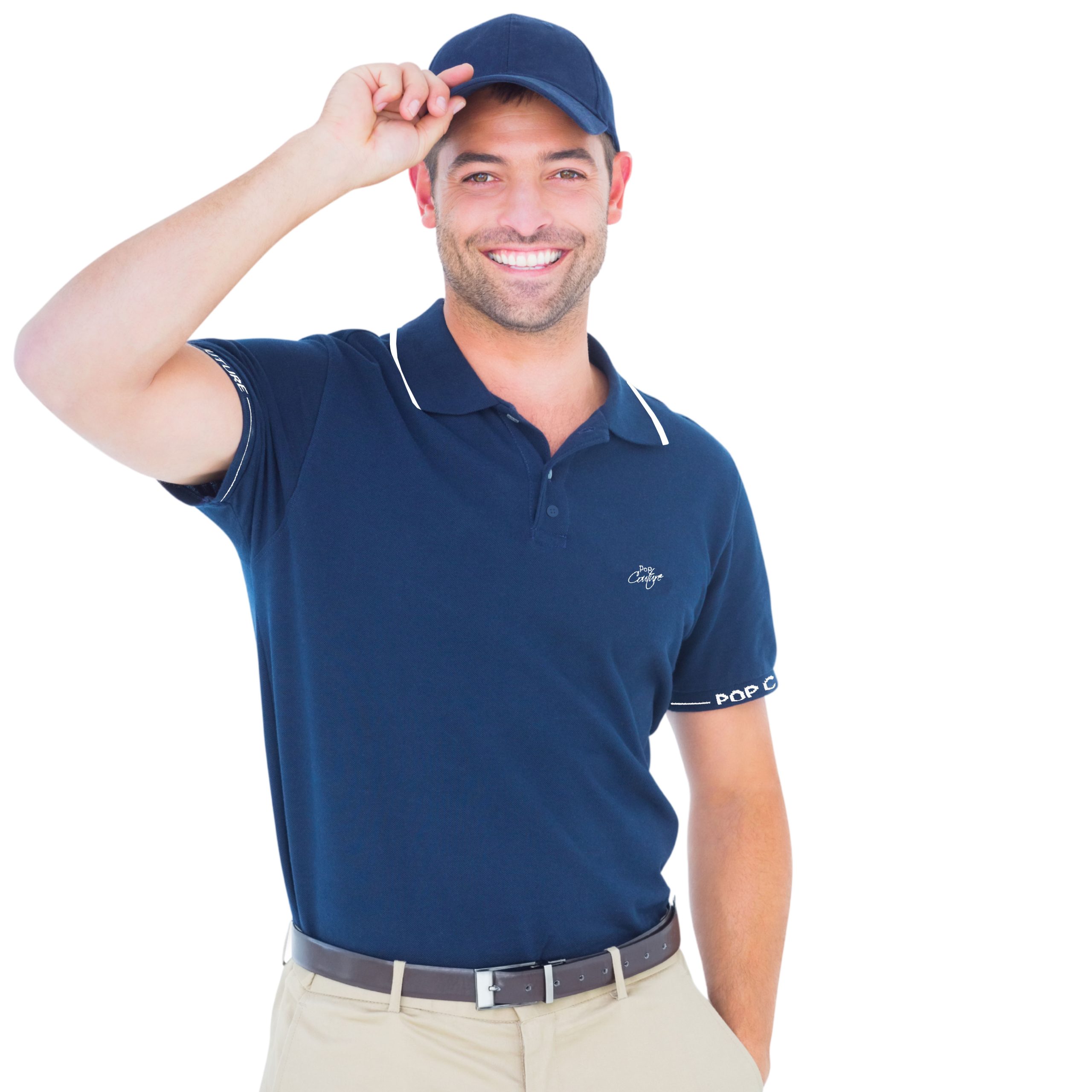 Men’s Navy Casual Single Stripe Polo Shirt with Jacquard Collar – Short Sleeves