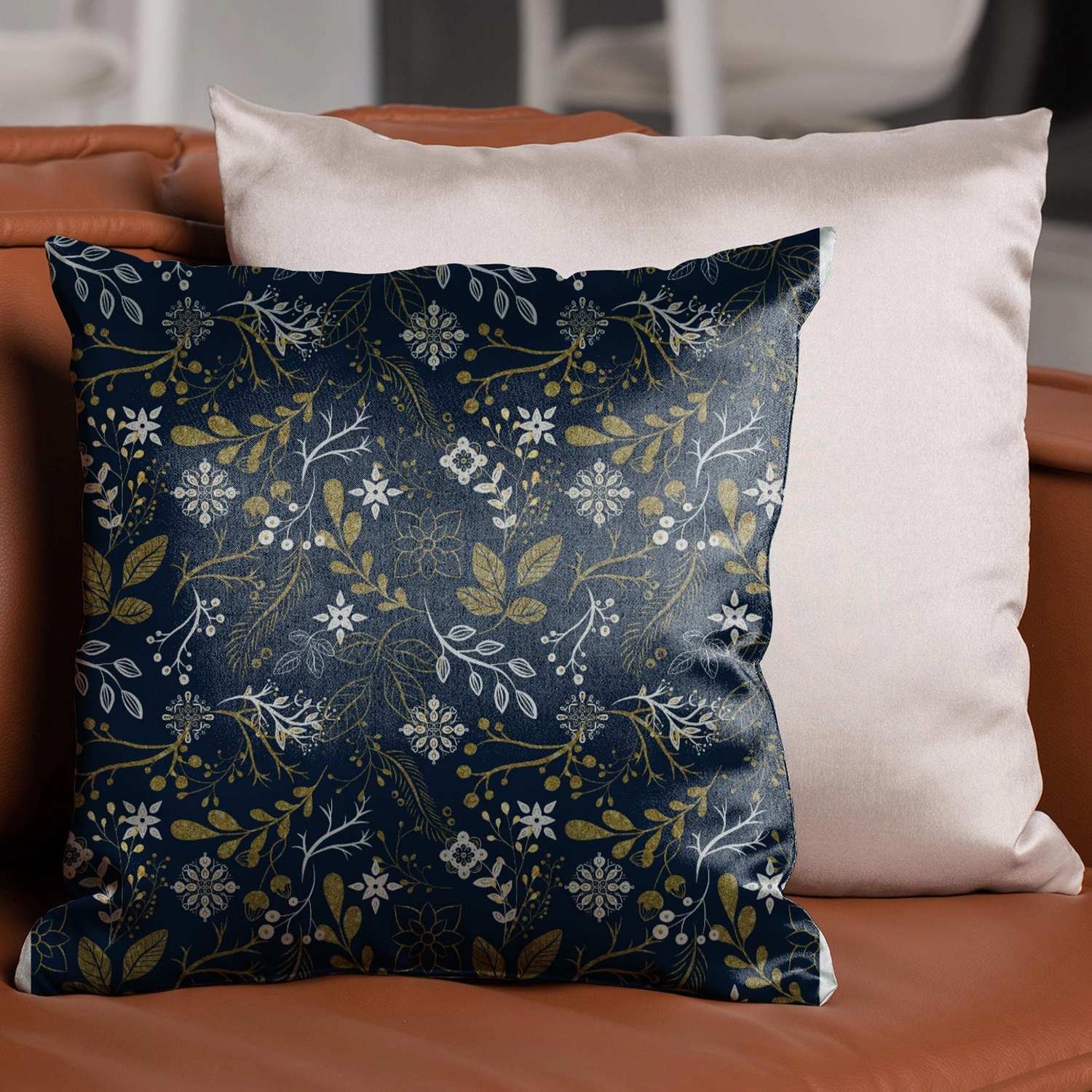 Midnight Gold Botanical Cushion Elegant Floral Throw Pillow