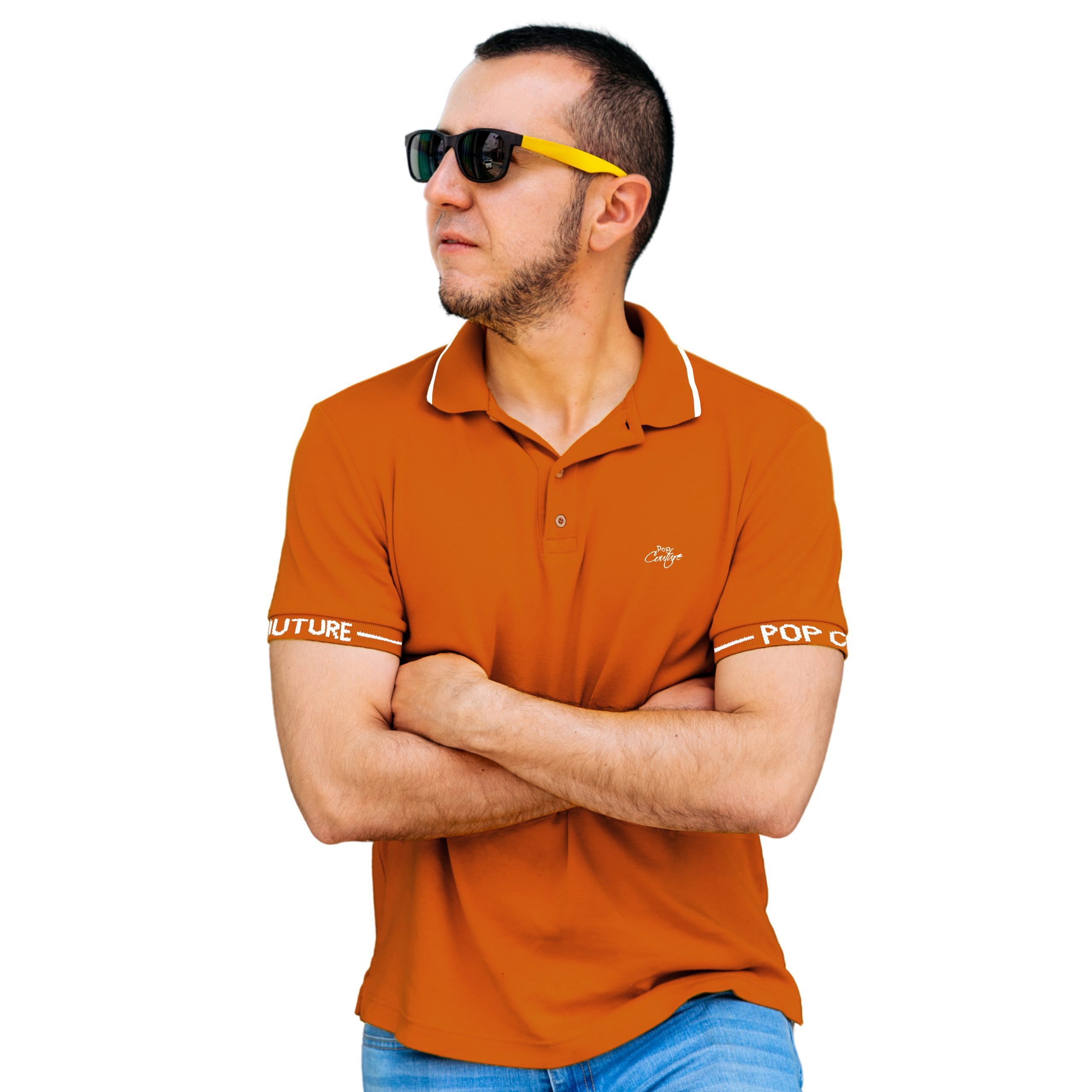 Men’s Mustard Single Stripe Casual Polo Shirt with Jacquard Collar – Short Sleeves