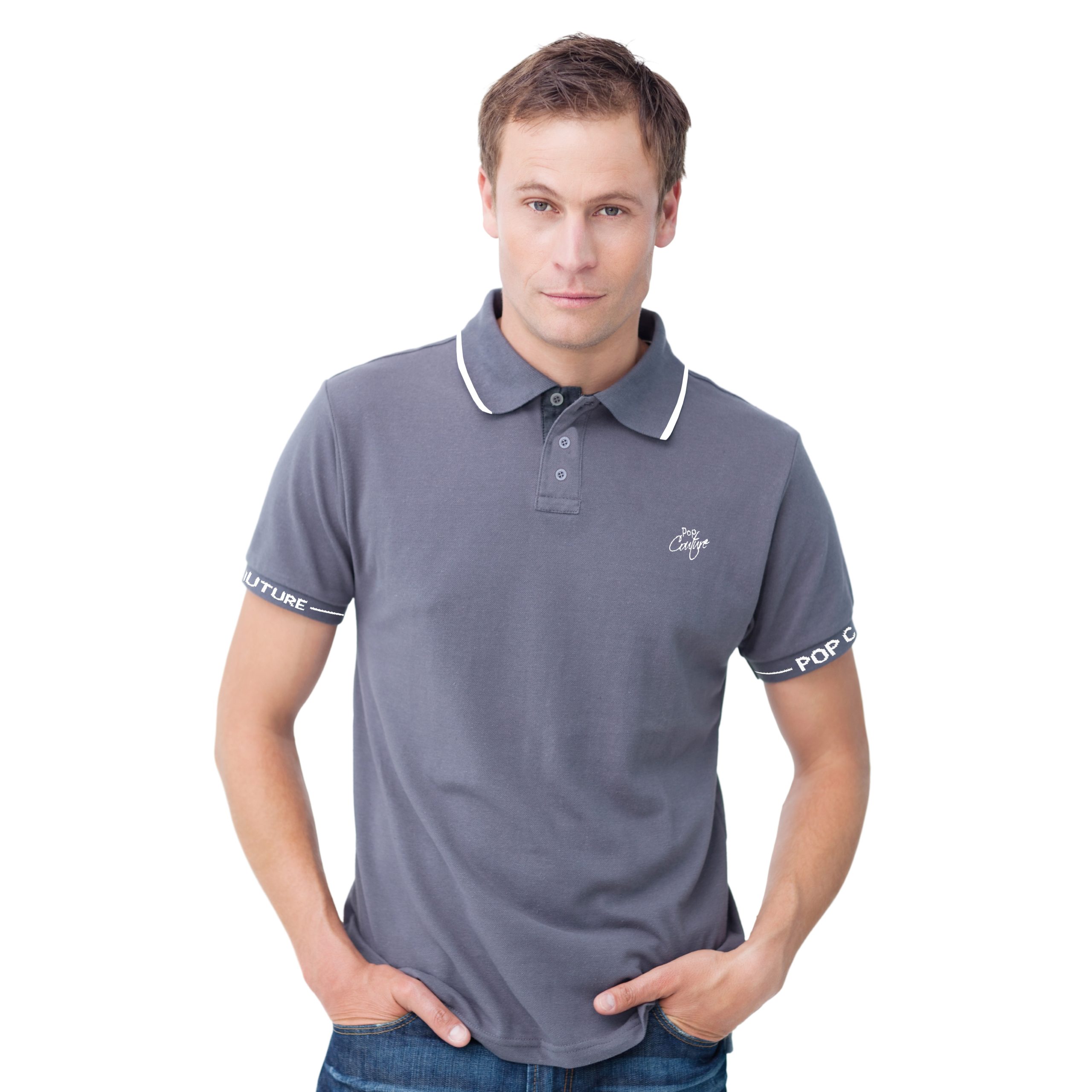 Men’s Grey Single Stripe Casual Polo Shirt with Jacquard Collar – Short Sleeves