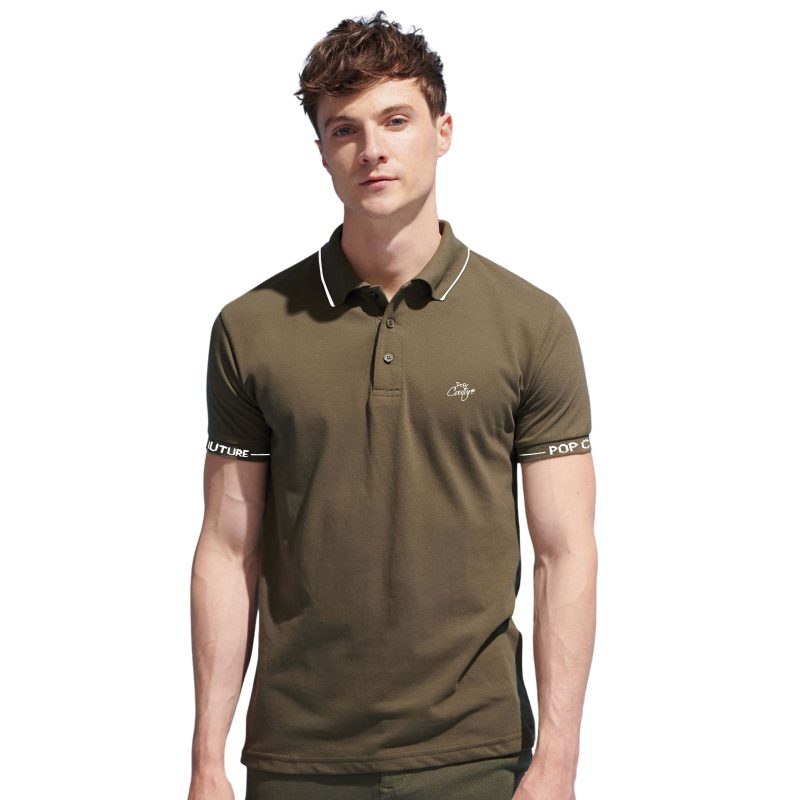 Men’s Khaki Single Stripe Casual Polo Shirt with Jacquard Collar – Short Sleeves