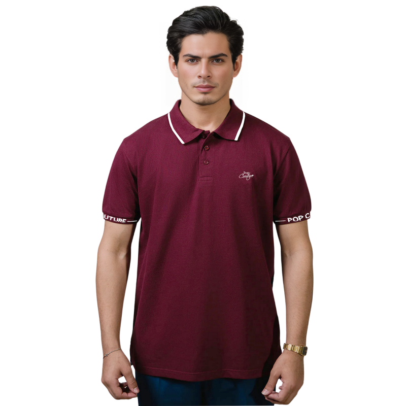 Men’s Maroon Casual Single Stripe Polo Shirt with Jacquard Collar – Short Sleeves