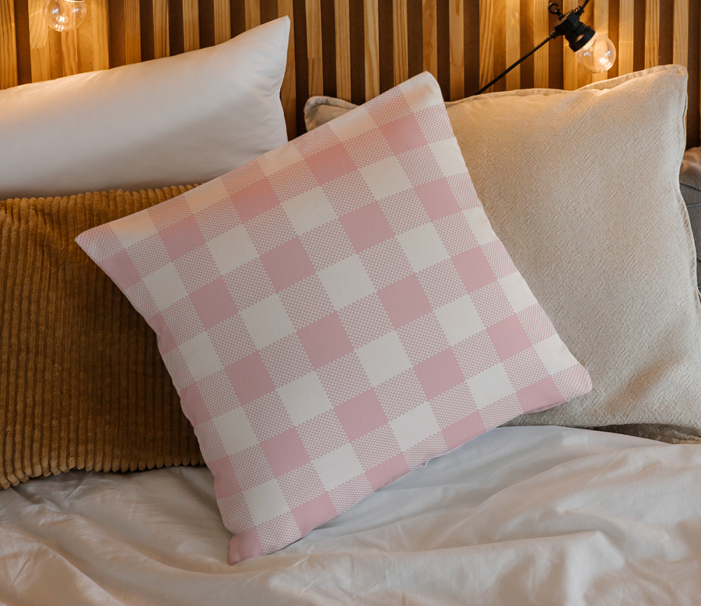 Pink Gingham Check Cushion-Soft Pastel Throw Pillow for Cozy Interiors