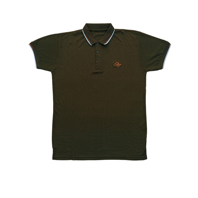 Men’s Khaki Casual Double Stripe Polo Shirt with Jacquard Collar – Short Sleeves