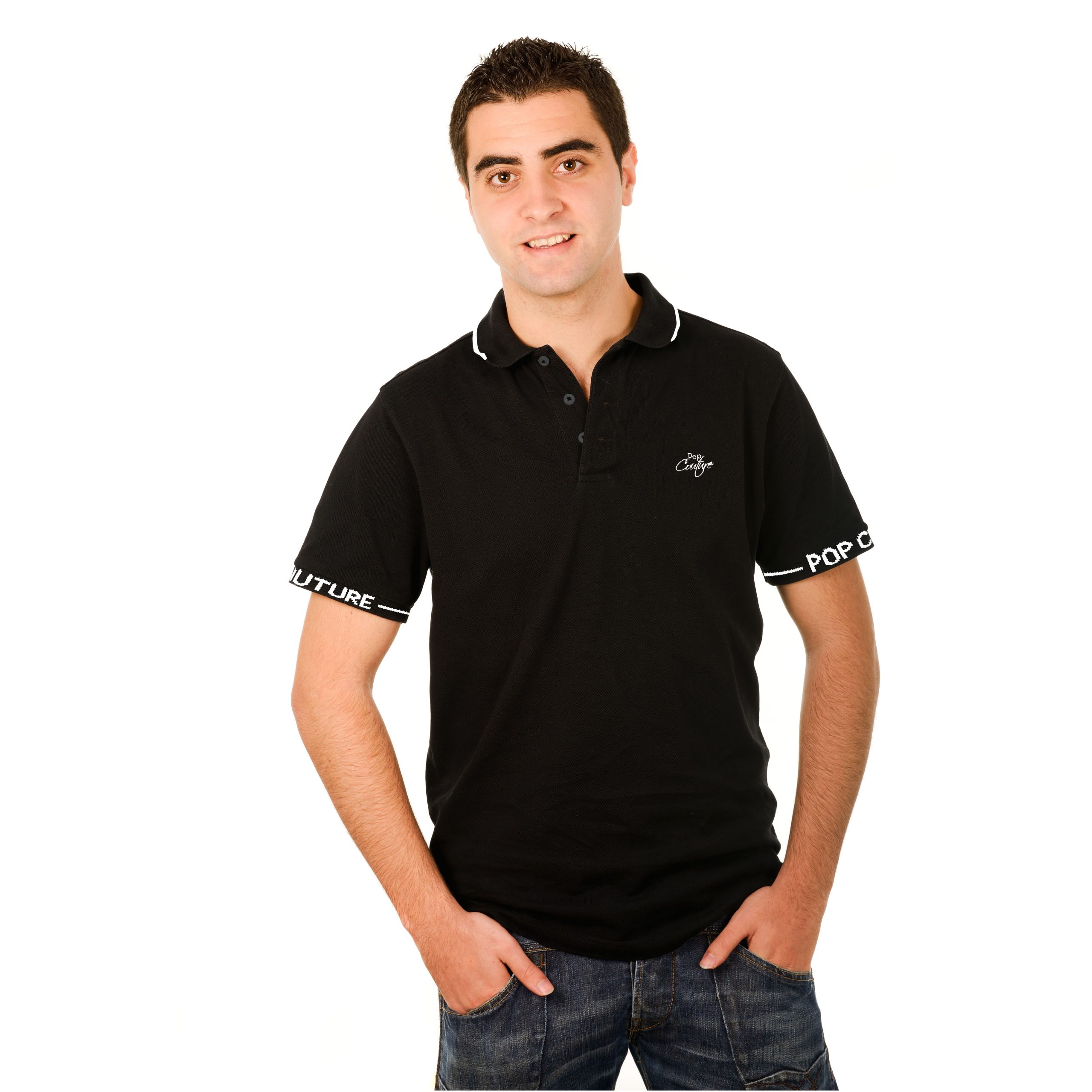 Men’s Black Single Stripe Casual Polo Shirt with Jacquard Collar – Short Sleeves