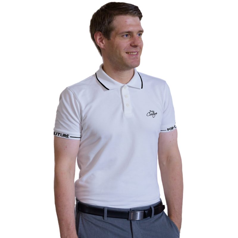 Men’s White Casual Single Stripe Polo Shirt with Jacquard Collar – Short Sleeves