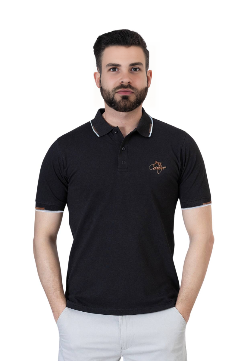Men’s Black Casual Double Stripe Polo Shirt with Jacquard Collar – Short Sleeves