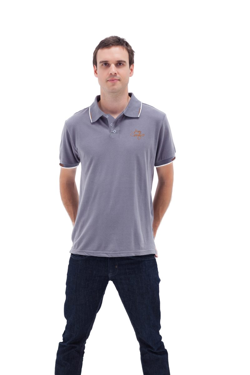 Men’s Grey Casual Double Stripe Polo Shirt with Jacquard Collar – Short Sleeves