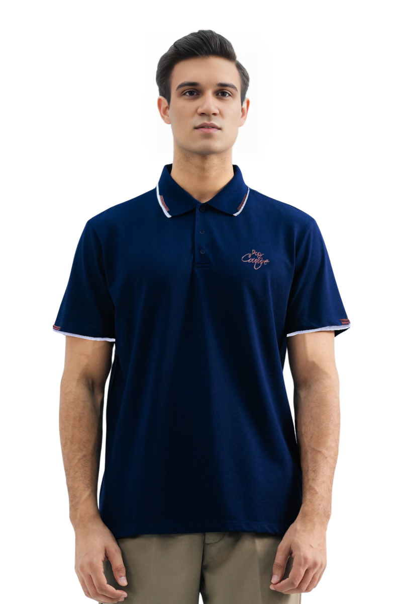 Men’s Navy Casual Double Stripe Polo Shirt with Jacquard Collar – Short Sleeves