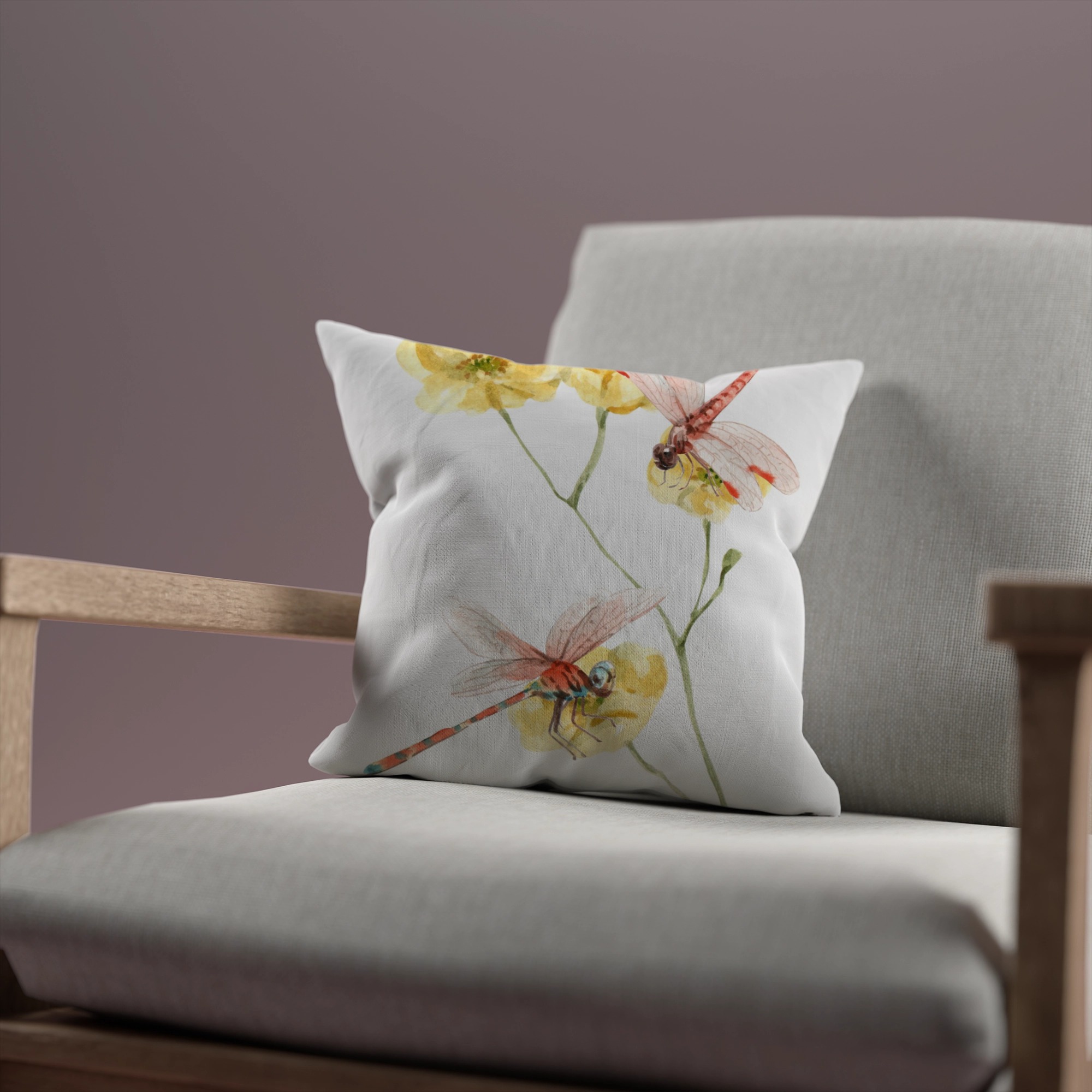 Watercolor Dragonfly & Yellow Flower Cushion Nature-Inspired Throw Pillow