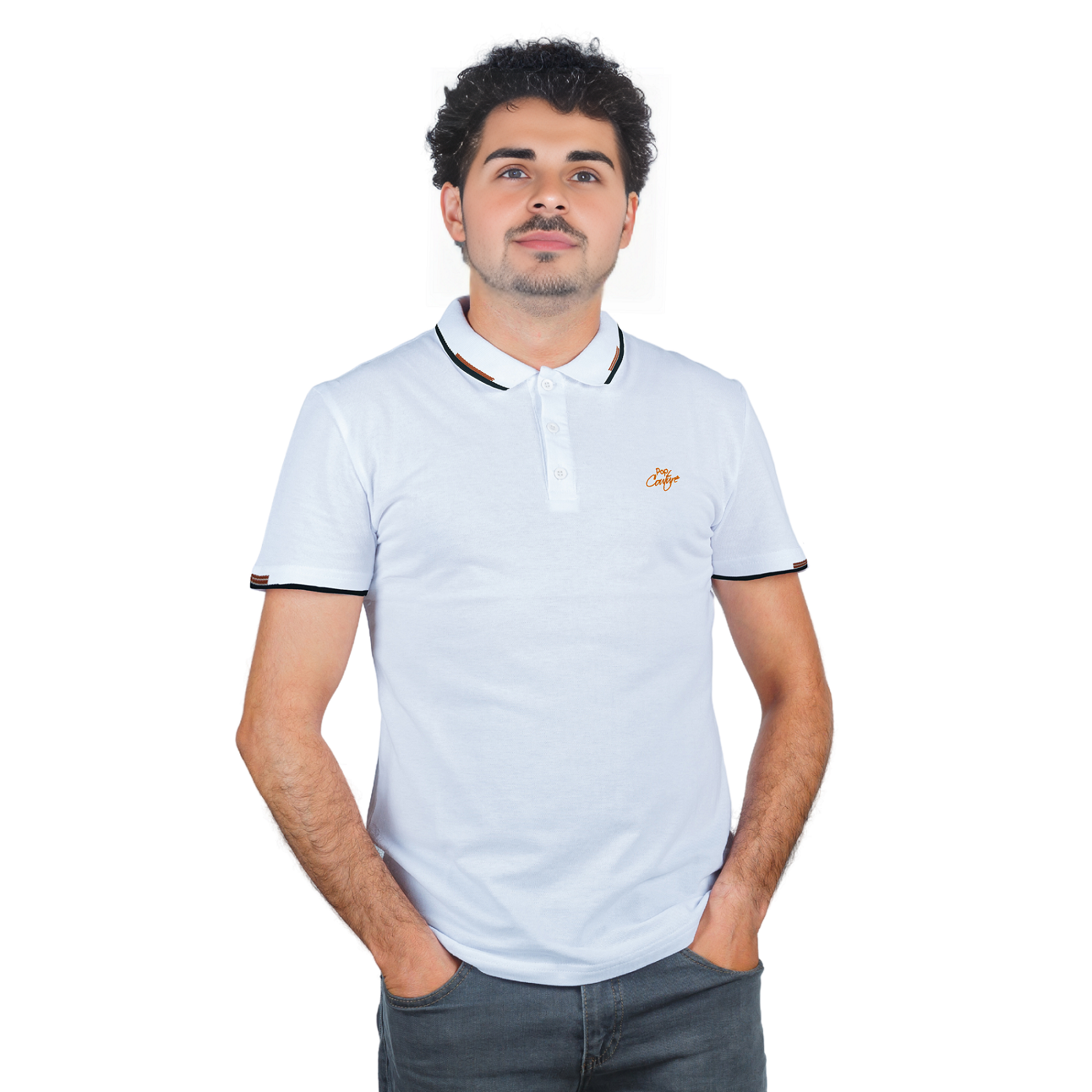 Men’s White Casual Double Stripe Polo Shirt with Jacquard Collar – Short Sleeves