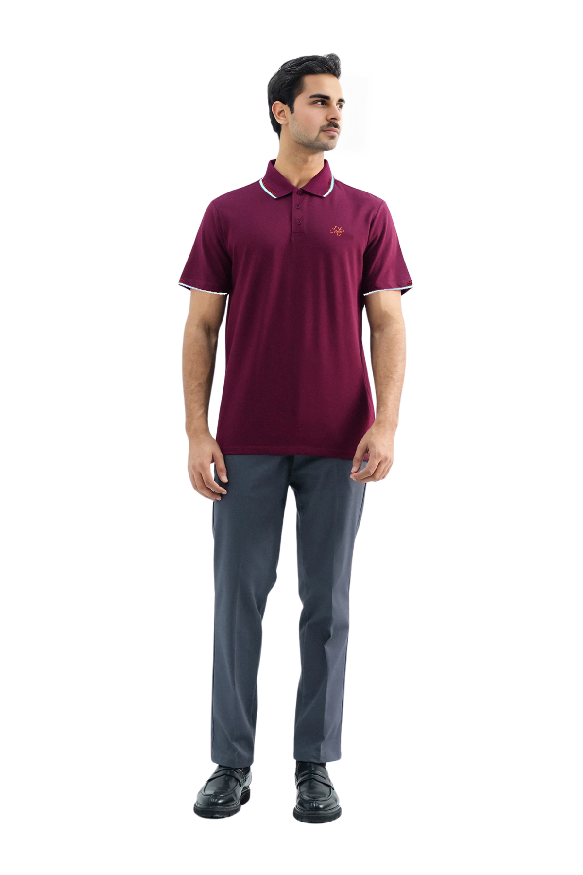 Men’s Maroon Casual Double Stripe Polo Shirt with Jacquard Collar – Short Sleeves