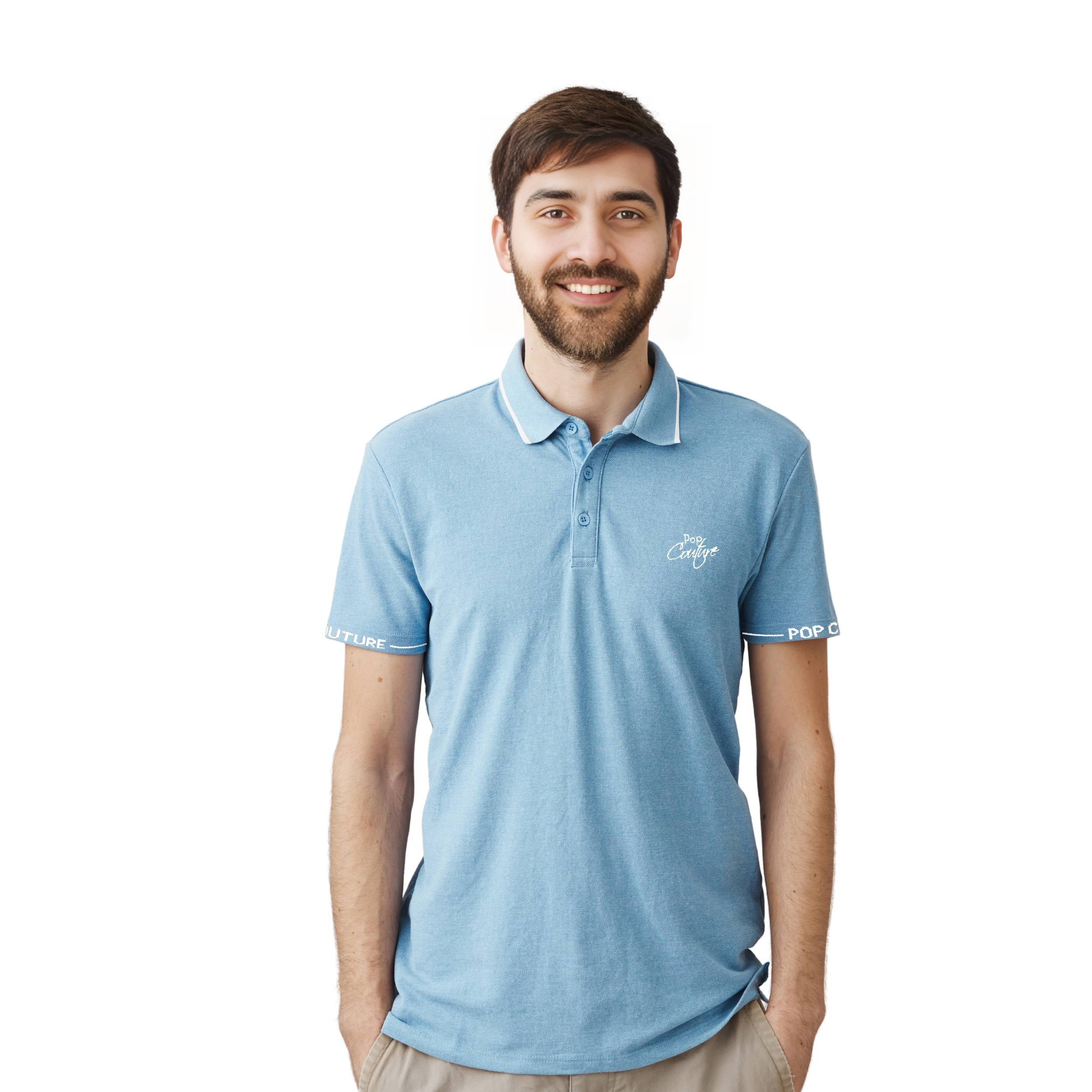 Men’s Sky Blue Casual Single Stripe Polo Shirt with Jacquard Collar – Short Sleeves