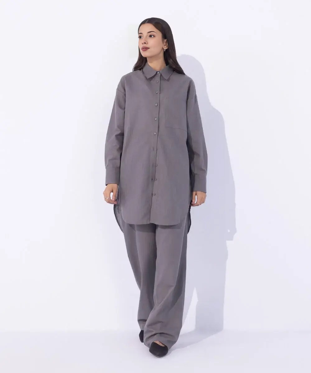 Blended Linen Co-Ord Set – Shirt & Pull-On Trousers in Grey | Pop Couture