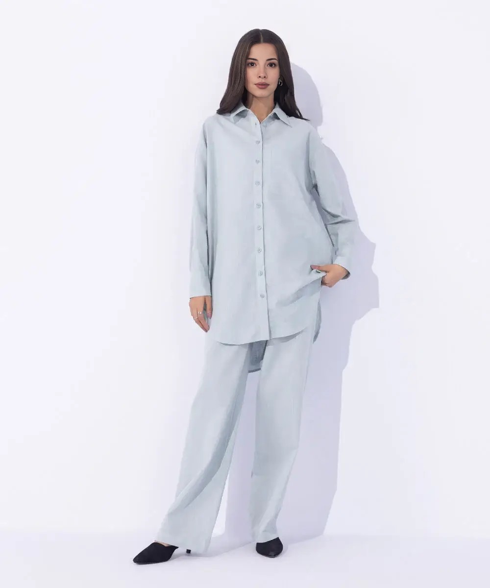 Blended Linen Co-Ord Set – Shirt & Pull-On Trousers in Sky Blue| Pop Couture