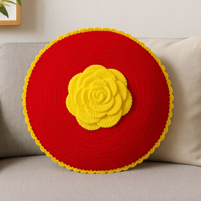 Handmade Round Crochet Cushion - Red & Yellow Flower Design